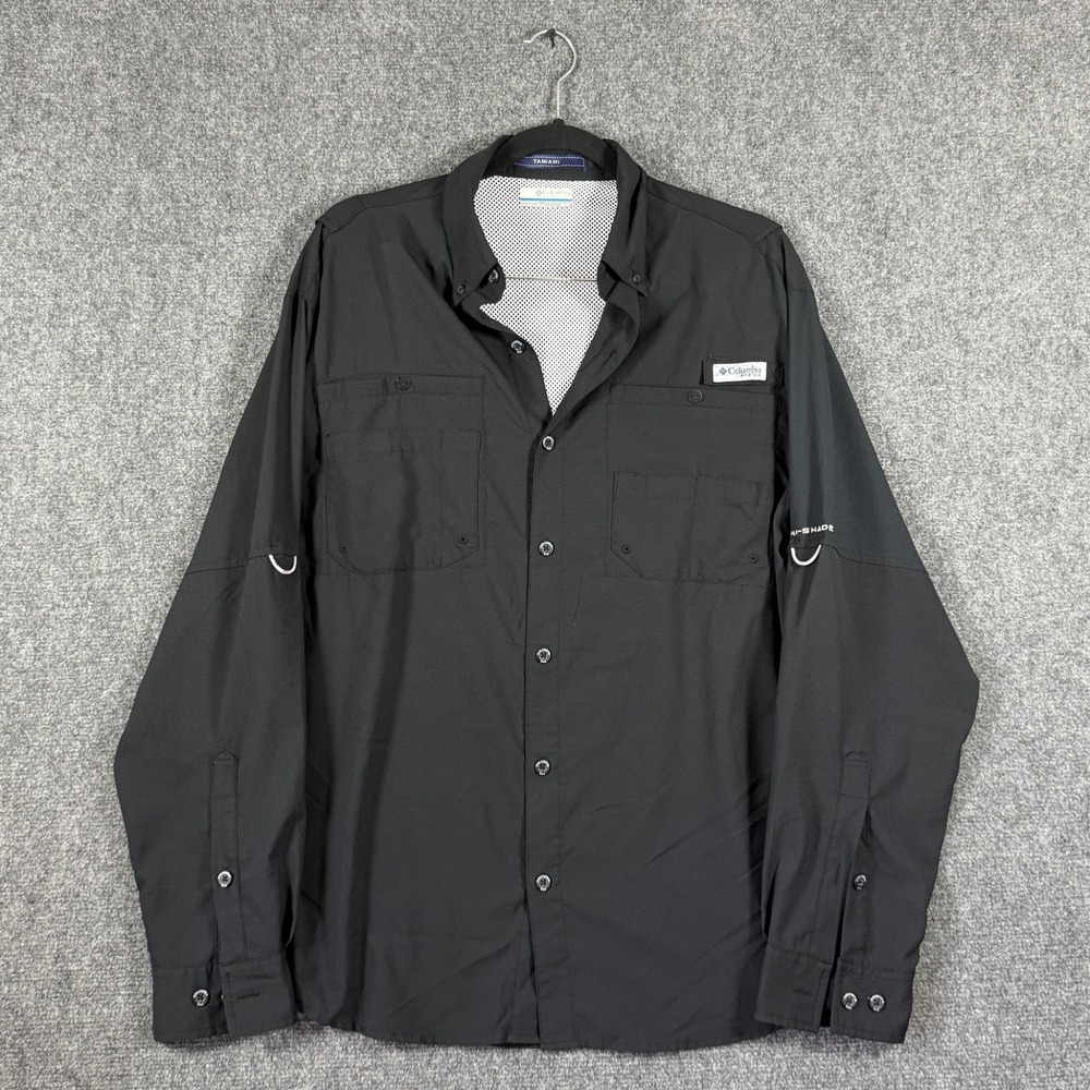 Columbia PFG Tamiami Black Fishing Shirt Omni-Shade Long Sleeve Size Medium